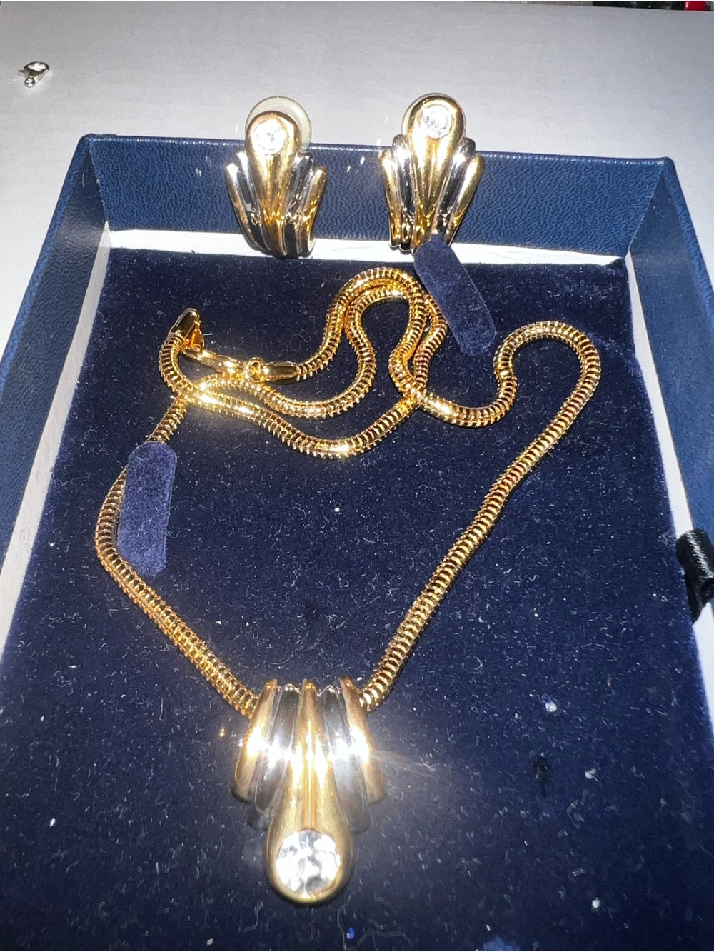 Gold Tone Necklace and Clip-On Earrings Set with Clear Crystal Accents